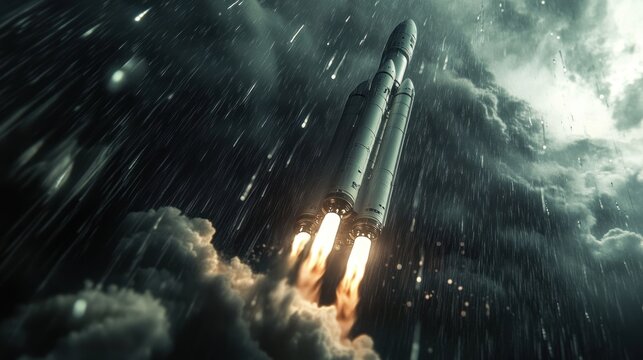 Rocket launch in stormy sky