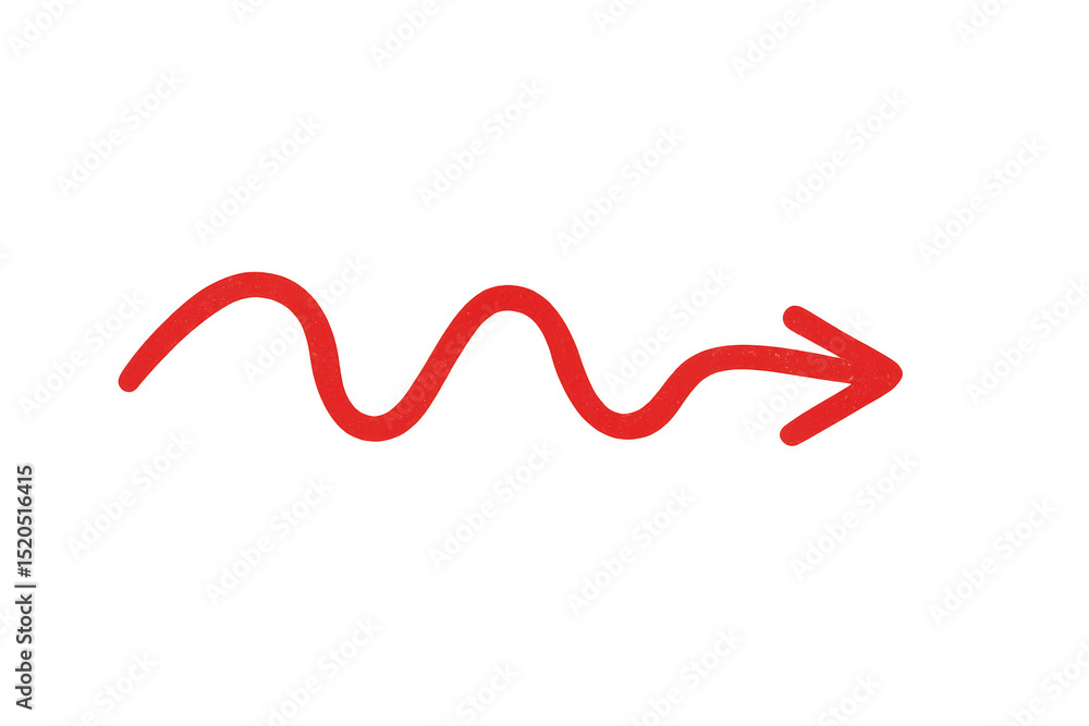Poster red arrow featuring a wavy line, pointing right on a transparent background, symbolizes direction an