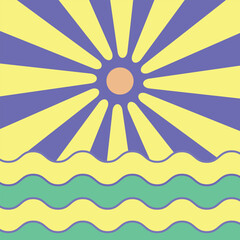 Vector illustration of waves and first sunrise, background of sea waves and sun.