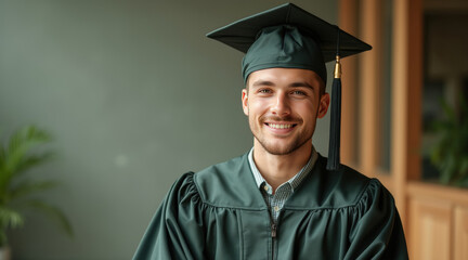 young man wears a dark green graduation gown and cap smiling warmly.