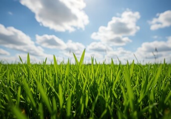 Fototapeta premium Green grass field under a bright blue sky with fluffy clouds