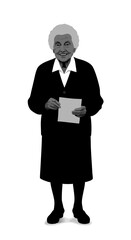 Elderly woman smiling holding paper in a minimalist style on a transparent background
