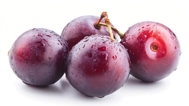 Fresh, juicy plums with water droplets on a white background, showcasing their vibrant color and texture