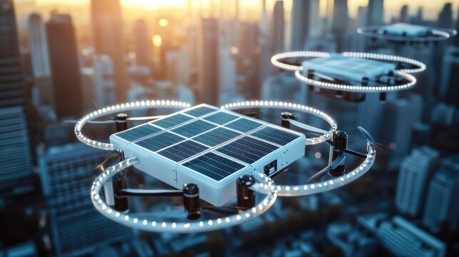Close up of solar-powered delivery drones using clean energy to provide efficient and eco-friendly logistics solutions for urban and rural areas