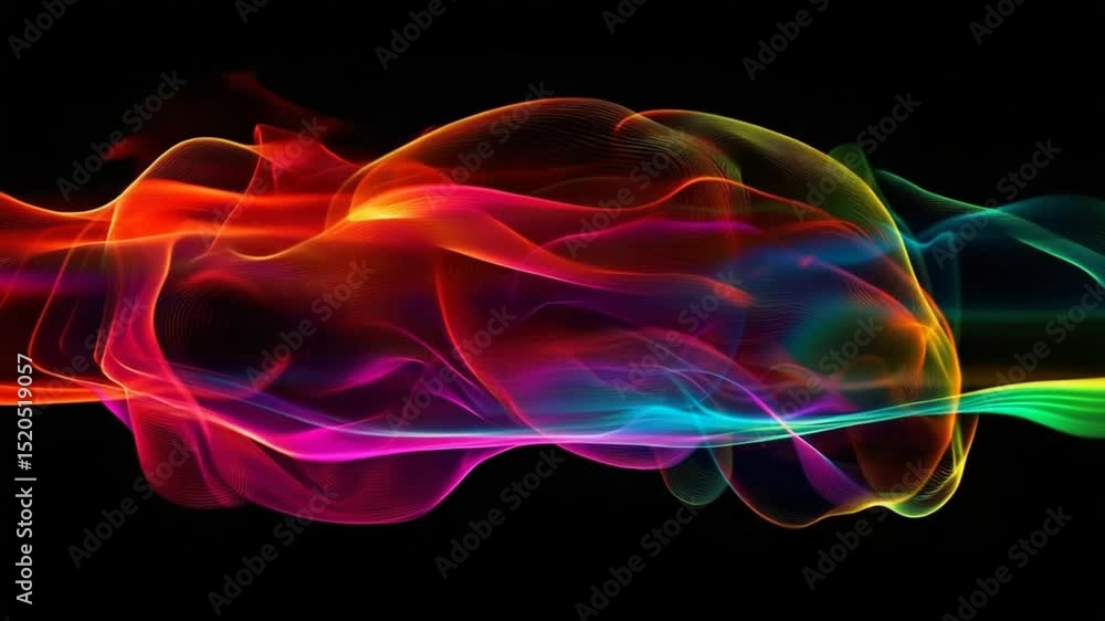 Poster dynamic multicolored waves flowing across a black background, visual spectacle video