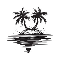 Silhouetted tropical islands with palm trees, birds in flight, with varying shapes and sizes representing a tranquil escape