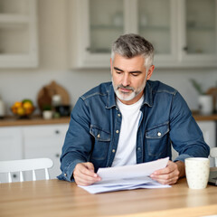 mature man intently reads financial documents at a kitchen table.
