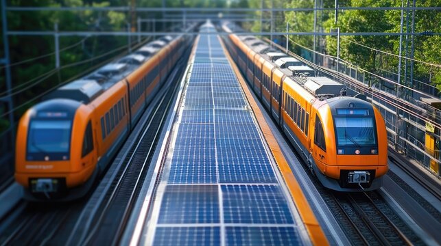 Close up of solar-powered electric trains utilizing renewable energy to power rail transport systems, reducing emissions and promoting sustainable urban mobility solutions
