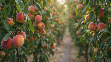 Ripe peaches hang abundantly along a sun-drenched orchard row.
