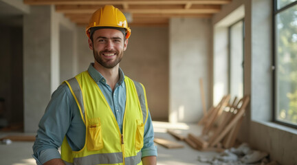 smiling construction worker stands in a bright interior space.