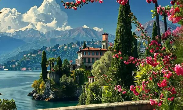Oleander Flowers with Villa Monastero in the Background &ndash; Serene Lake Como View in Varenna, Italy
