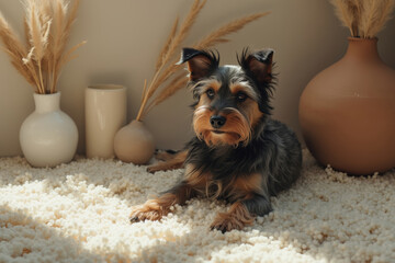 small terrier rests comfortably on a fluffy white rug.