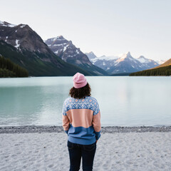 woman stands on a sandy shore gazing at majestic mountains and a serene lake.