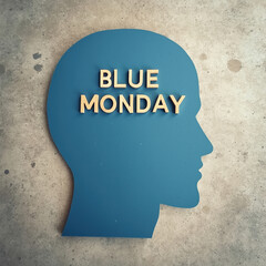 blue head silhouette displays the words ‘Blue ’ on a textured gray background.