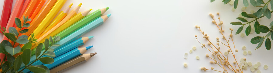 vibrant assortment of colored pencils rests alongside delicate sprigs of greenery on a bright white surface.