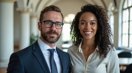 Two professionals confidently pose together in a interior.