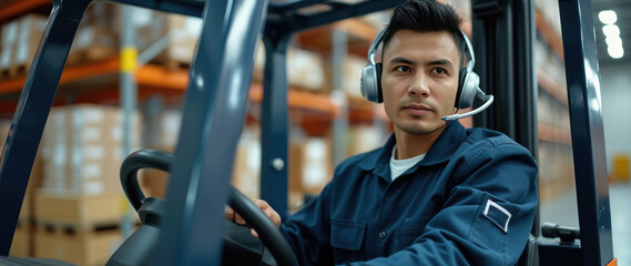 focused worker operates a forklift in a warehouse environment.