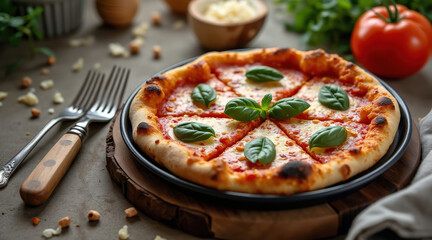 rustic pizza sits on a wooden plate garnished with fresh basil.