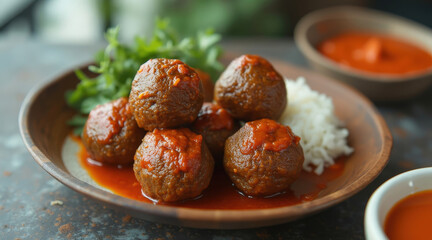 wooden plate displays several round meatballs covered in a rich tomato sauce accompanied by a mound of fluffy white rice.