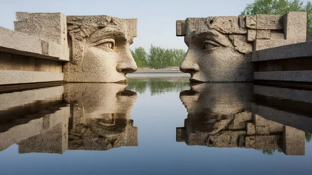 Two large stone sculptures of human faces reflecting in calm water surrounded by greenery