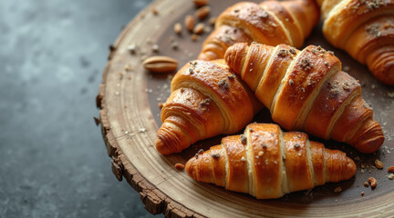 Three golden croissants rest on a rustic wooden surface sprinkled with almonds.