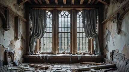 Empty Room in an Old Abandoned Medieval Castle with Faded Worn Curtains