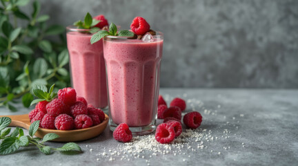 Two vibrant raspberry smoothies sit on a textured gray surface alongside fresh raspberries.