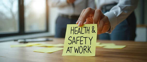 hand displays a sticky note with ‘Health & Safety at Work’ written on it.