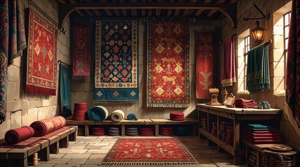 Obraz premium Interior of a Medieval Carpet Shop with Wool Rugs