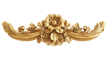 Golden floral ornament with leaves on transparent background