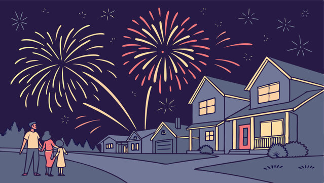 A family watches fireworks over suburban houses on a dark night with a street and trees in the background