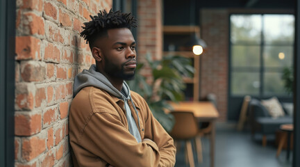 young man leans against a brick wall contemplating.