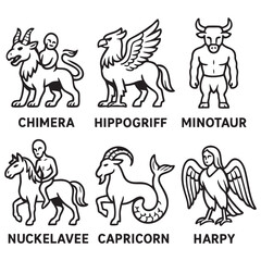 Hybrid Mythical Monsters Icons – Black and White Fantasy Beast Set