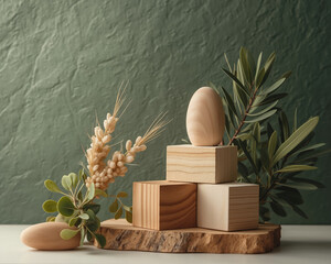 Wooden blocks and natural elements arranged on a rustic wooden slice.
