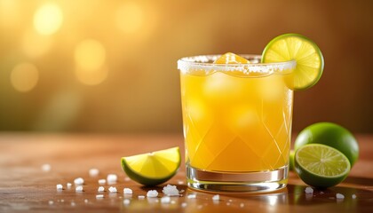 Chilled mango margarita cocktail in a salt-rimmed glass with lime wedge