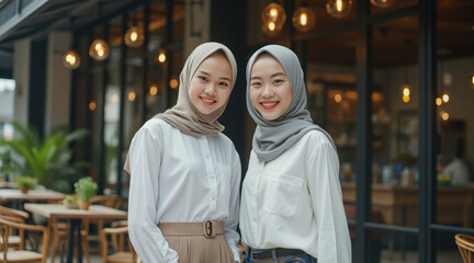 Two young women with headscarves smile warmly at the camera.