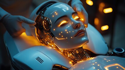 A futuristic robot massaging a stressed-out worker, glowing tension points disappearing