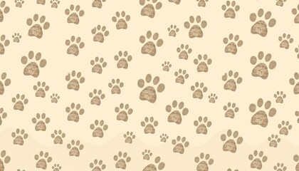 Abstract background featuring a stylized, repeating pattern of dog paw prints in varying shades of gray and beige,  template,  poster