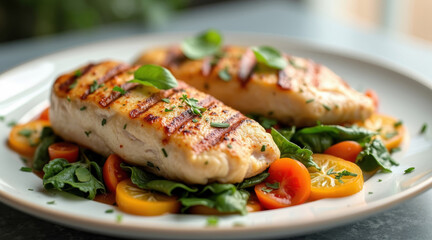 Two grilled salmon fillets rest on a white plate alongside vibrant greens and tomatoes.