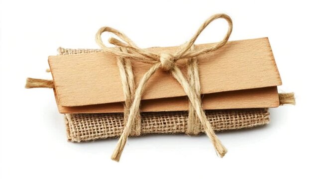 Rustic gift packaging with wooden tag and burlap ribbon, set against a clean white background