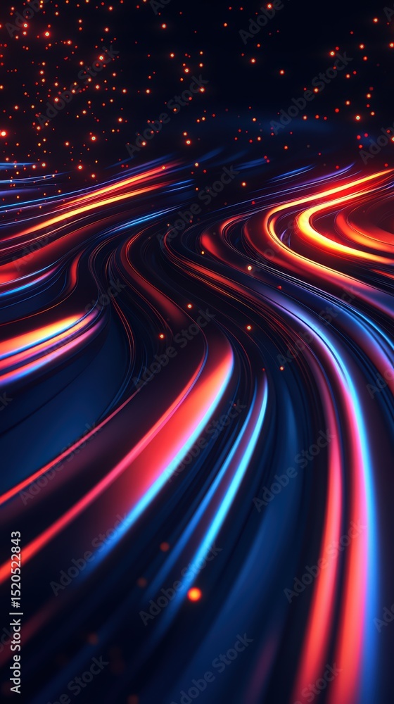 Poster dynamic illumination art with curved lines and sparkling orbs on dark canvas