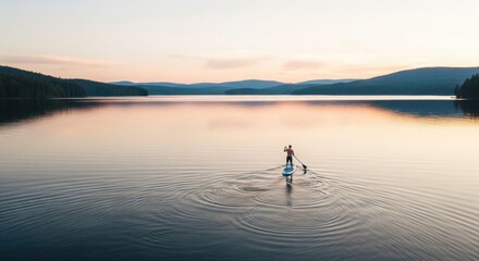 Fototapeta premium An aerial view shows a lone paddleboarder on a calm lake, surrounded by rolling hills under a soft sunset sky, creating gentle ripples on the water.