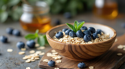 wooden bowl overflows with blueberries oats and fresh mint.