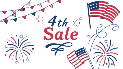 Fototapeta premium A fourth of july sale design with american flags, fireworks, stars, and bunting on a white background