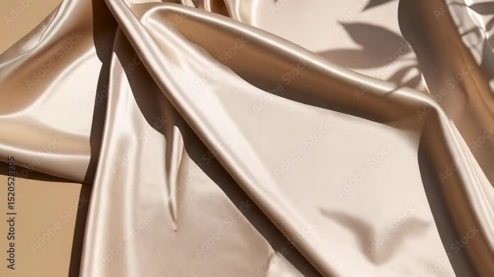 Poster abstract image of a champagne colored silk fabric with soft folds and natural leaf shadows casting o