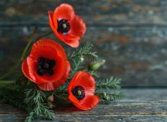 Three vibrant red poppies bloom alongside delicate green foliage on weathered wood.