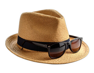 Stylish summer fedora hat with sunglasses fashion accessory for men on transparent background