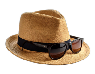 Stylish summer fedora hat with sunglasses fashion accessory for men on transparent background