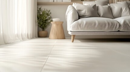Light-filled living room with a light beige sofa and wooden accent table.