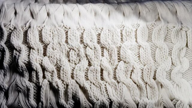 Textured cream-colored woolen knit with cable stitch and intricate braided pattern offering a cozy, warm and detailed full frame background.